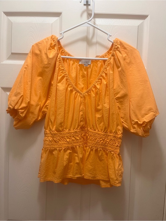 LOFT Tops - LOFT Bright Orange Puff-Sleeve Smocked Peplum Blouse